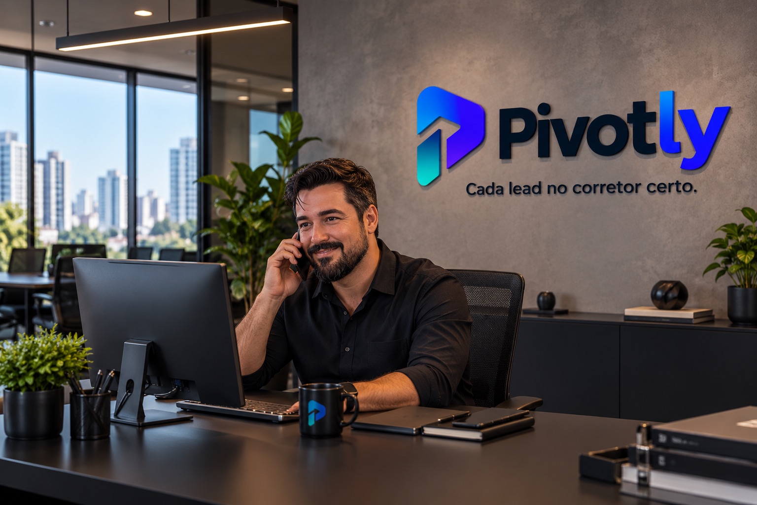 Gestor de imobiliária ao telefone no escritório com o logo Pivotly na parede