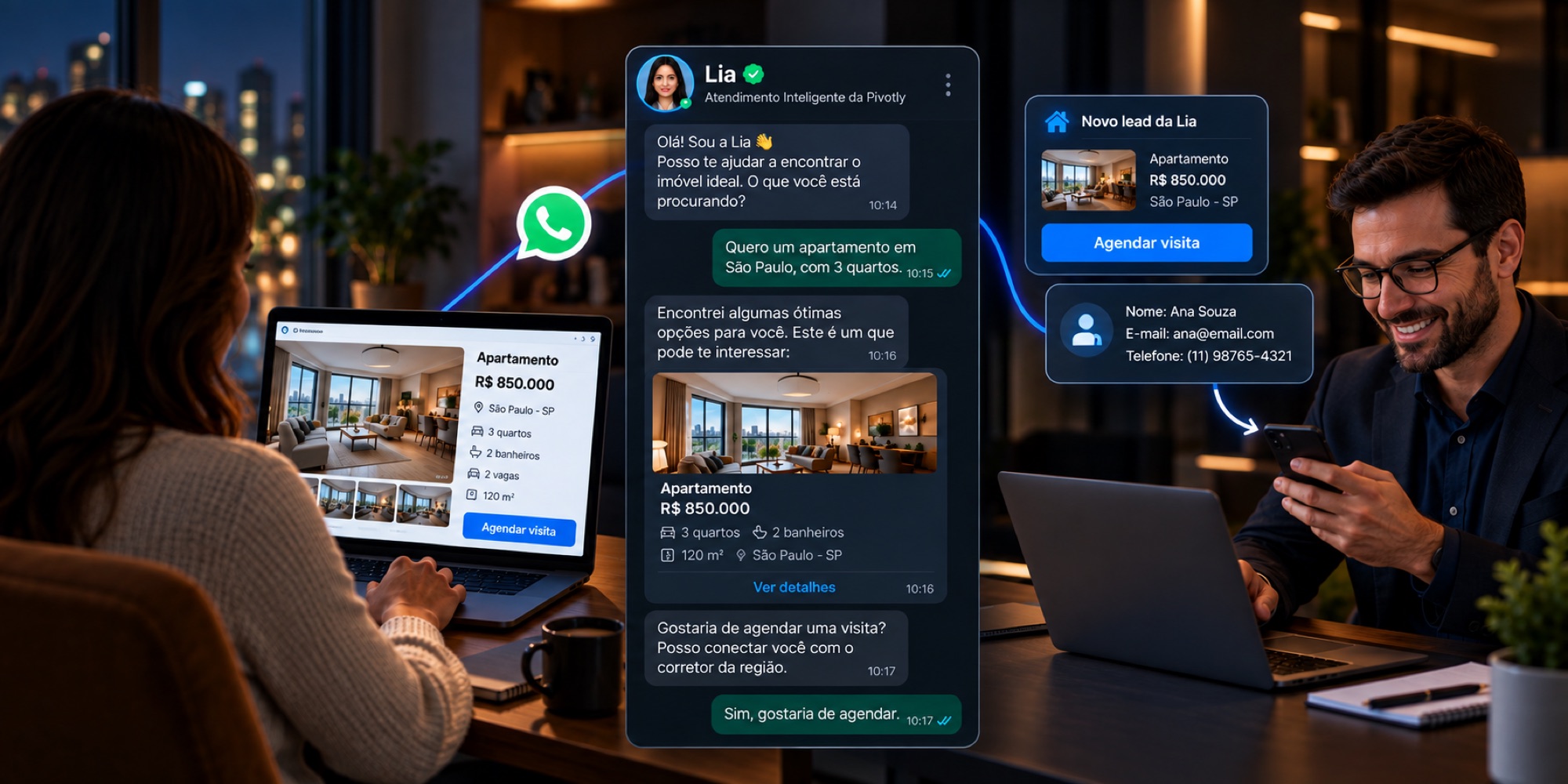 Cliente conversa com a assistente de IA pelo WhatsApp e o corretor recebe o lead no celular